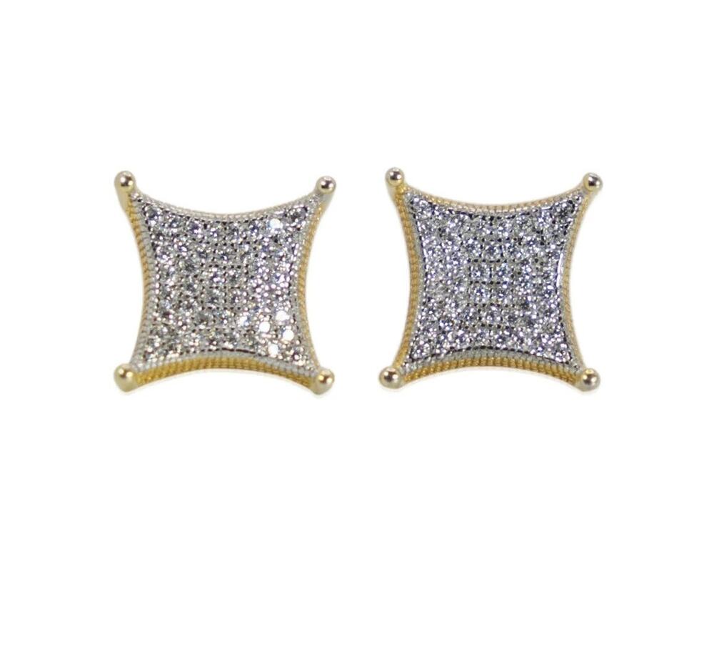 Mens Square Kite Earrings 14K Gold Plated Sterling Silver Studs 12mm